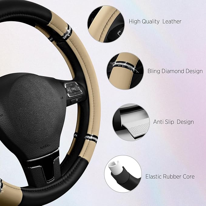 Road Comfort Leather Steering Wheel Cover – Premium Anti-Slip Car Steering Wheel Grip Cover – Universal Fit for 14.5”–15.5” Cars, Trucks & SUVs - Beige