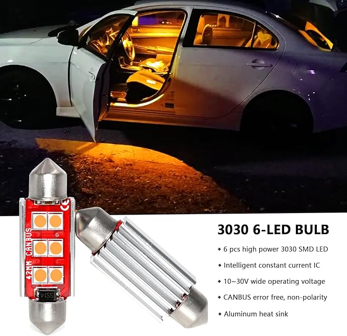 PHINLION 578 LED Light Bulbs, Super Bright 3030 6-SMD Festoon 41mm 42mm 211-2 212-2 LED Bulbs for Car Interior Map Dome Trunk Courtesy Lights, Amber Yellow (4 Pack)