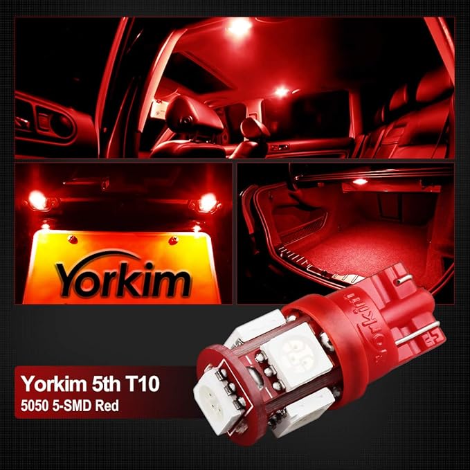 Yorkim 194 LED Bulbs Red Super Bright New 5th Generation, T10 168 LED Bulb for Car Interior Dome License Plate Map Door Courtesy Lights W5W 2825, Pack of 10