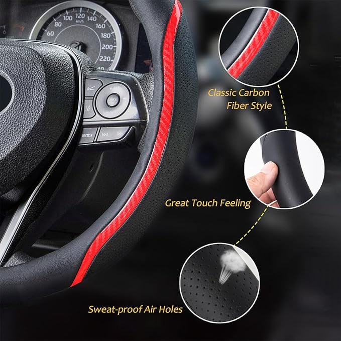 Steering Wheel Cover Black Red, Carbon Fiber Car Steering Wheel Covers with Coasters Universal 14.5-15 inch Leather Microfiber Breathable Anti-Slip Steering Wheel Accessories Set