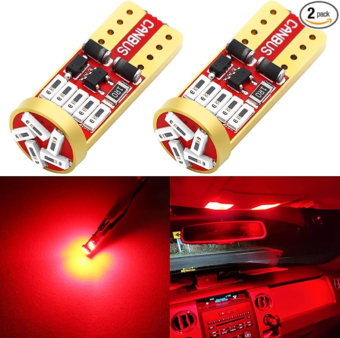PHINLION 194 LED Red Bulbs Super Bright Wedge 168 2825 175 T10 15-SMD 4014 Chipsets LED Replacement Lamps for Car Interior Dome Map Courtesy Side Marker Tail Parking Lights, Pack of 2