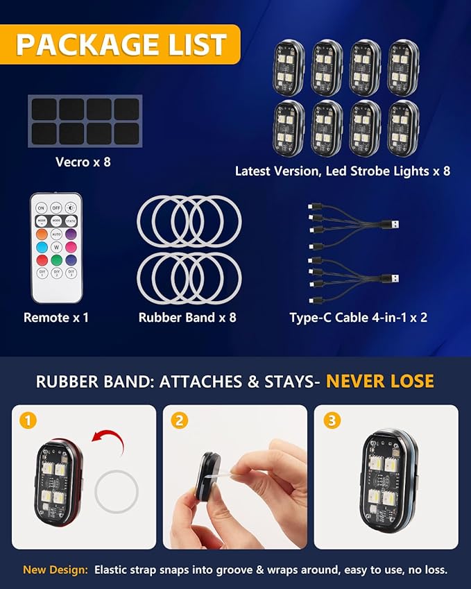 Upgrade 8PCS Wireless 4-LED Strobe Lights with Remote, 8 Colors Waterproof Aircraft Strobe Lights, Type-C Rechargeable LED Warning Light for Motorcycle Bike Drone Aircraft Car New Year