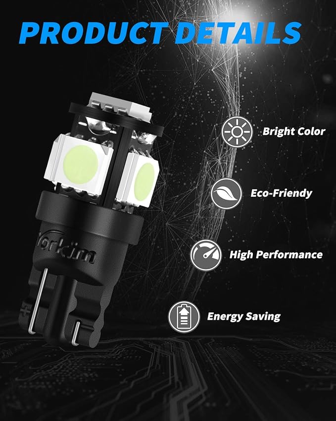 Yorkim 194 LED Bulbs Ice Blue Super Bright 5th Generation, T10 168 LED Bulb for Car Interior Dome Map Door Courtesy License Plate Lights W5W 2825, Pack of 10