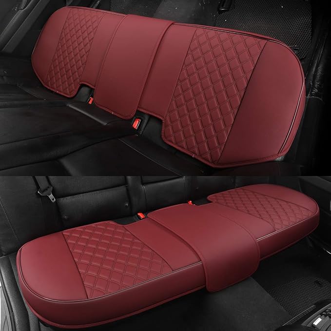 Black Panther Luxury PU Leather Rear Car Seat Cover,Compatible with Most Vehicles, Adjustable Length 49-55'', Diamond Pattern Embroidery (Wine Red)