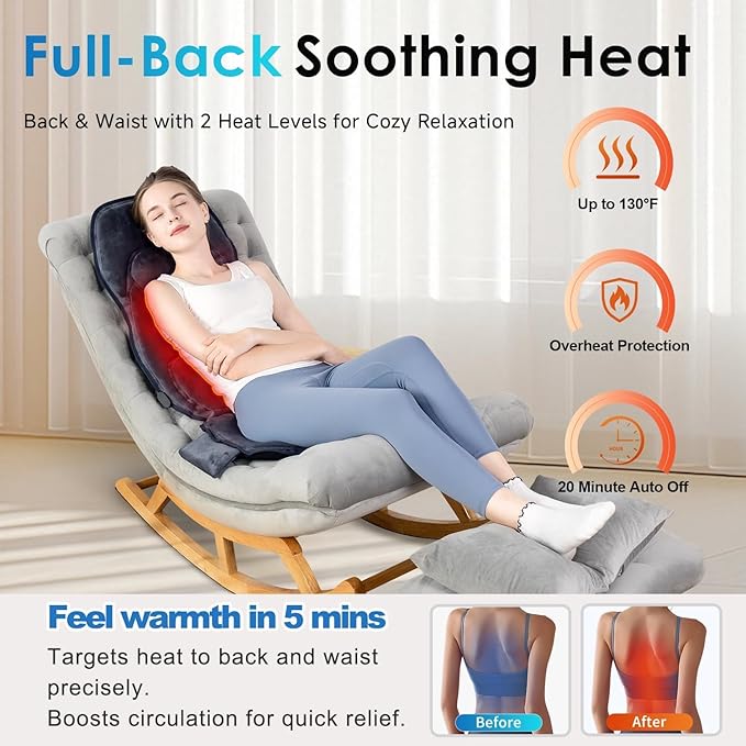 Back Massager with Soft Plush Fabric Cover, Massage Seat Cushion with 8 Vibration Motors & 2 Heating Levels, Chair Massager for Recliner, Office Chair, Sofa, Home Use, Gifts for Dad Mom