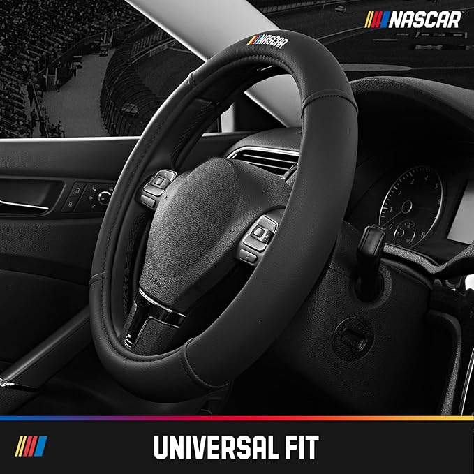 NASCAR Steering Wheel Cover, Two-Tone Black Leather Patchwork, Universal Fit 14.5"-15.5" Steering Covers for Cars, Anti-Slip, Soft Grip, Odor-Free, Trucks & SUVs, Racing Style Interior Upgrade