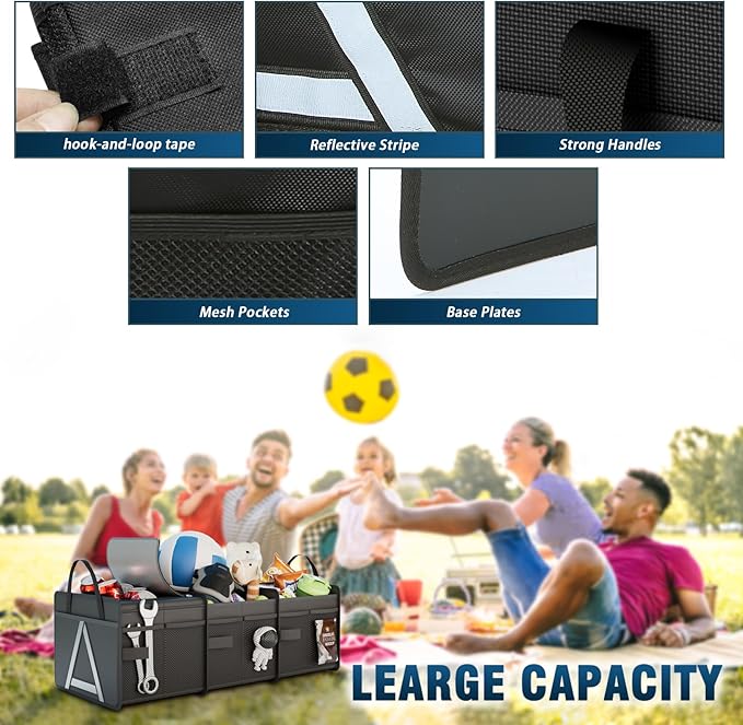 K KNODEL Sturdy Car Trunk Organizer with Premium Insulation Cooler Bag, 3 Compartments Heavy Duty Collapsible for Car, SUV, Truck, or Van (Medium, Black)