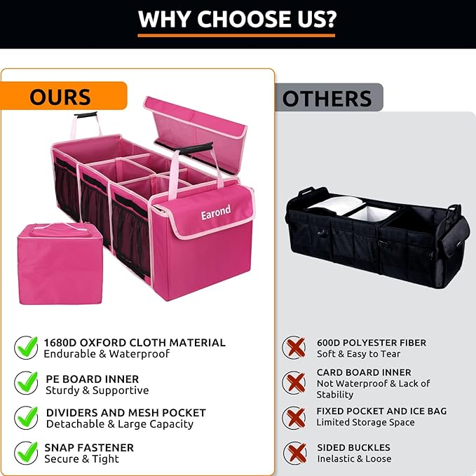 Collapsible Trunk Organizer with Insulated Leakproof Cooler Bag,Removable Lid,Adjustable Securing Straps,3 Compartments Trunk Organizer for SUV,Truck,Sedan(Pink)
