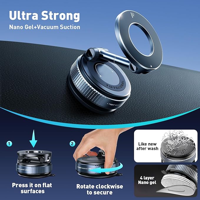Magnetic Car Phone Holder Mount【Upgraded Anti-Loose-Arm Version】 360° Adjustable Nano Gel Vacuum Suction Cup Phone Holders for Your Car for MagSafe Cases iPhone 17-12 [108lbs & 3000gf]