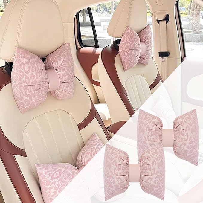 Car Headrest Pillow with Leopard Print Chic Car Interior Breathable Neck Support Cushions Fits for Most Cars (Pink Pillow)