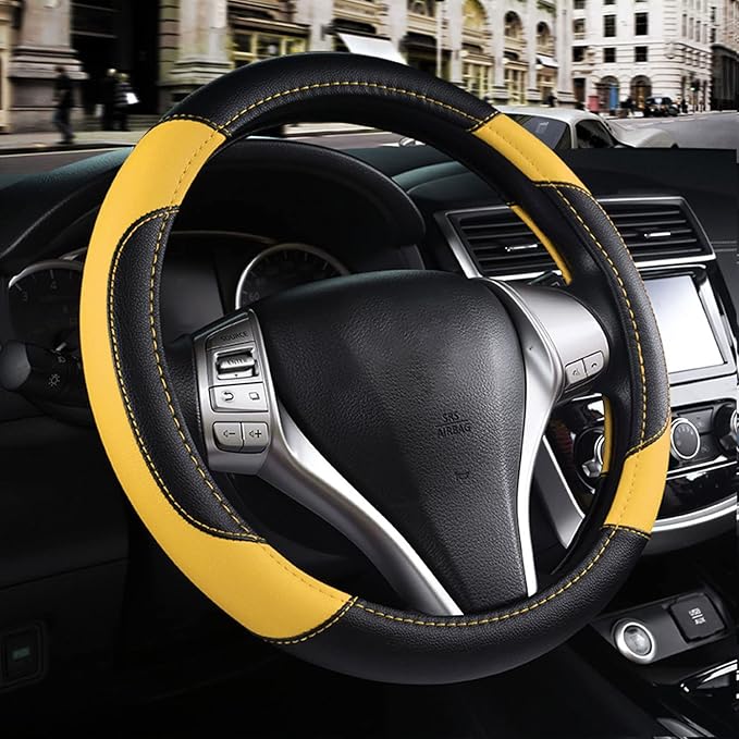 Leather Car Steering Wheel Cover, Non-Slip Car Wheel Cover Protector Breathable Microfiber Leather Universal Fit for Most Cars (Black&Yellow)