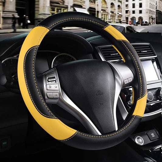 Leather Car Steering Wheel Cover, Non-Slip Car Wheel Cover Protector Breathable Microfiber Leather Universal Fit for Most Cars (Black&Yellow)