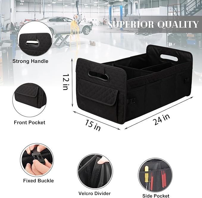 JiatuA Car Trunk Organizer for SUV, Car Storage Organizer Collapsible Multi Compartment Container Box, Adjustable Car Accessories for Women/Men, Large Black