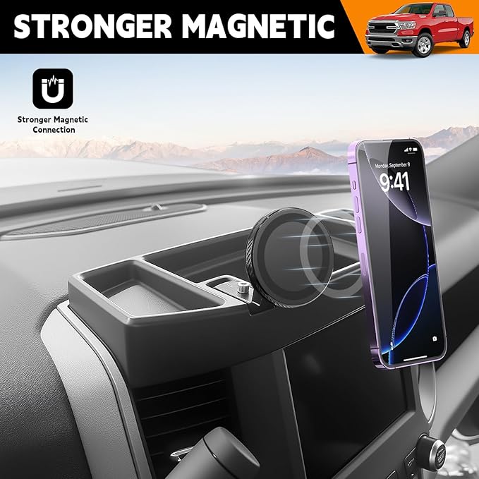 5" 8.4" Screen Dashboard Phone Holder Compatible with 2019-2026 Ram 1500 2500 3500 w/12V Outlet Part Center Console Organizer Dash Tray Phone Mount for 2025 RAM Accessories(DodgeRam 2019-2026)