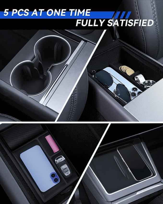 5-Pcks for Model Y Console Armrest Tray+ Cup Holder+ Wireless Charging Mat+ Organizer*2 2025 Model Y& 2024 Model 3 Accessories Armrest Tray Middle Storage Box Insert Container