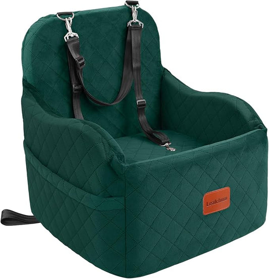 Dog Booster Car Seat for Small/Medium Dogs,6in Elevated Cushion,Fully Detachable and Washable,2 Storage Pockets & 3 Straps,Fits in Front/Back Seat,Easy to Install (Green,Medium)