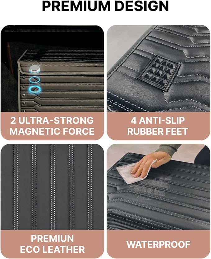 Owleys Trunk Storage 17.7" Collapsible Crate For Groceries, Tools & Travel Gear - Eco-Leather Car Organizer With Magnetic Lid - Practical Birthday Gift For Men (Highway 17)