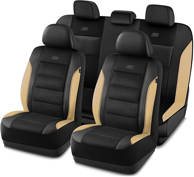 Skechers Aircooled & Memory Foam Seat Covers,Premium Leather with EVA Mesh Car Seat Covers,Seat Cover Full Sets,Airbag Compatible Automotive Comfort for Most Cars, Vans, Trucks, SUV,Beige