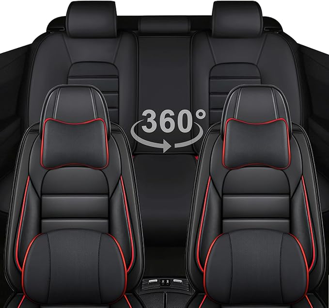 5 Car Seat Covers for Audi A4 2002-2026 Breathable Leather,Waterproof Car Seat Protectors with Comfort Headrest Pillows,Automotive Vehicle Cushions with Storage Pockets (Luxury,Redline)