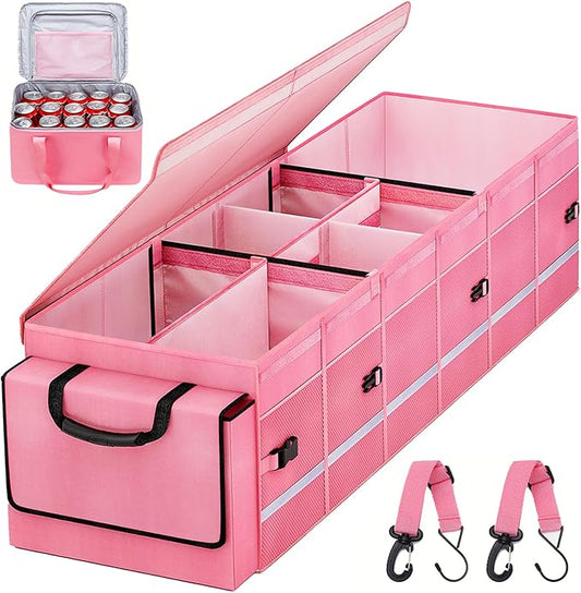 Car Trunk Organizer and Storage with Lid & Removable Leakproof Cooler Bag, Customized Space Pink Car Interior Accessories for Women Collapsible Large Trunk Organizers for Sendan SUV, Jeep, MPV, BMW