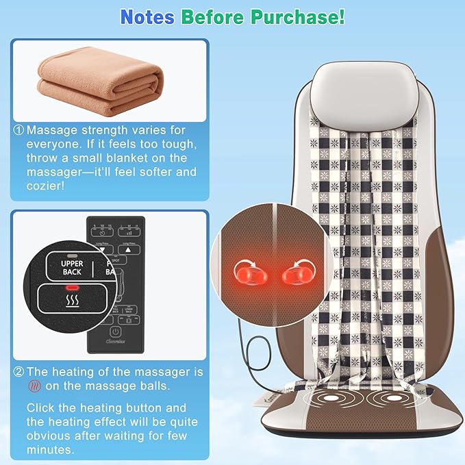 Shiatsu Back Massager with Heat, Massage Chair Pad Seat Cushion for Stress Relief, Deep Tissue Kneading & Roller, 2 Vibration Motors, Back Waist Hip Massager, PU Leather, with 2 Adapters