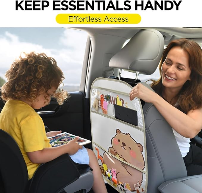 2-Pack kids Leather Car Backseat Organizer with Foldable Table Tray, Car Storage Organizer with Tablet Holder, Car Seat Back Protectors Kick Mats, Travel Accessories (Beaver)
