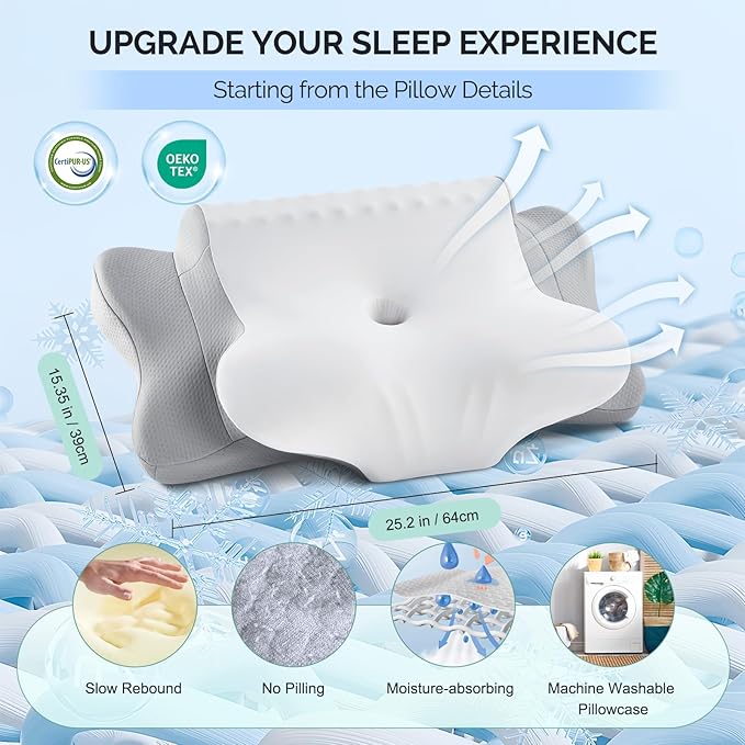 Camping Pillow Memory Foam Pillows,Cooling Ergonomic Dual-Sided Orthopedic Neck Cervical Pillow with Ice Silk Pillowcase, Breathable Contour Pillow for Travel, Side, Back, Stomach Sleepers