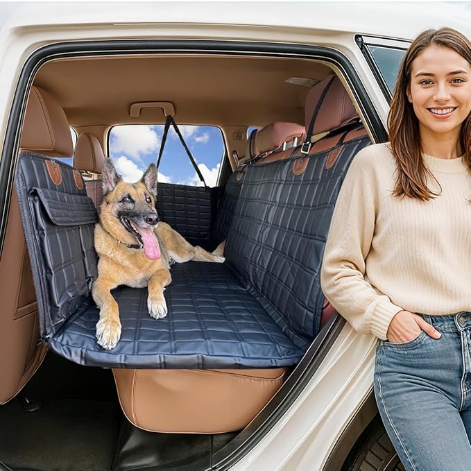 APetsPlanet Dog Car Seat Cover for Back Seat Hard Bottom - Waterproof Backseat Extender for Dogs - Pet Hammock Bed for Car, Truck, SUV with Mesh Window & Storage - Black Leather, with Door Covers