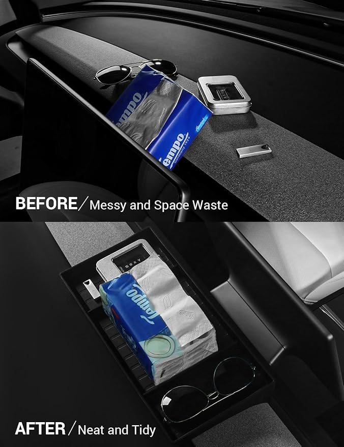 BASENOR 2026 Tesla Model Y/3 Center Console Behind Screen Storage, Dashboard Hidden Organizer, Tissue Holder for 2025 2026 Model Y Juniper 2024-2026 Model 3 Highland
