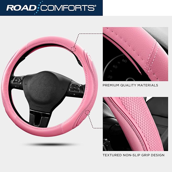 Road Comforts Car Steering Wheel Cover - Microfiber Leather Steering Wheel Wrap Sports 14.5-15 Inch Steering Wheel Cover Non-Slip for Men Women Pink & Pink Color