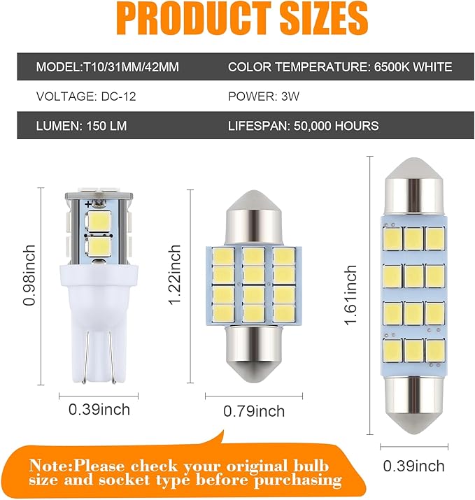 24 Pieces Dome Light LED Car Interior Bulb Kit Set 194 T10 DE3175 578 31mm 42mm Bulbs Interior Replacement Lights for Car Map License Plate Door Side Marker Cornering Trunk Light - White