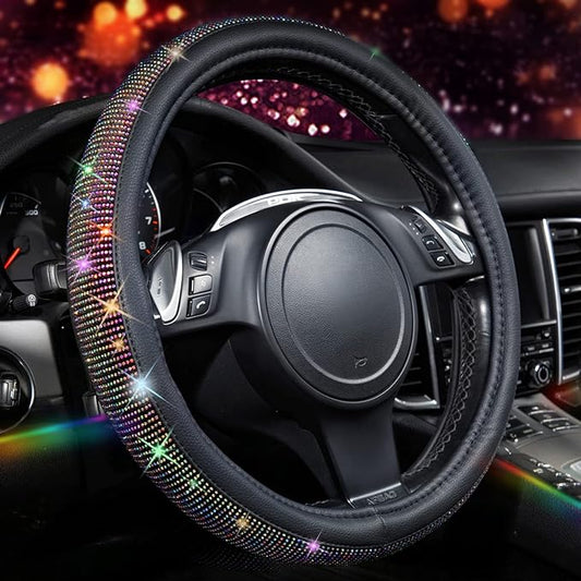 CAR PASS Diamond Leather Steering Wheel Cover, with Bling Crystal Rhinestones Fit Suvs,Vans,Sedans,Cars,Trucks Universal Fit 14.5-15inch Crystal Glitter for Women Sparkle Girl, Multicolor Diamond