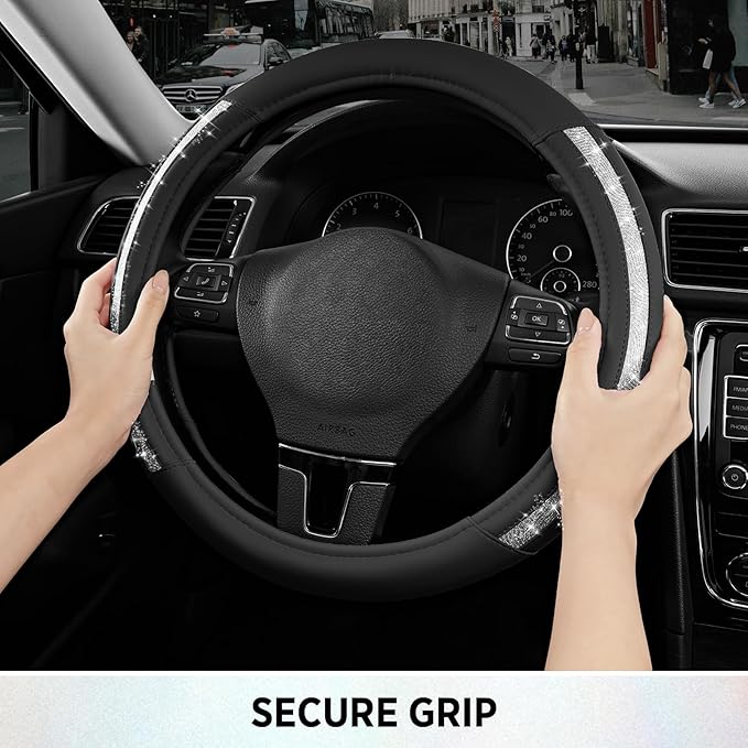 Road Comforts Steering Wheel Cover, Silver Bling Glitter with Black Leather, Universal Fit 14.5"-15.5" Wheel Cover for Women & Girls, Anti-Slip Protector for Cars, Trucks, Vans, SUVs