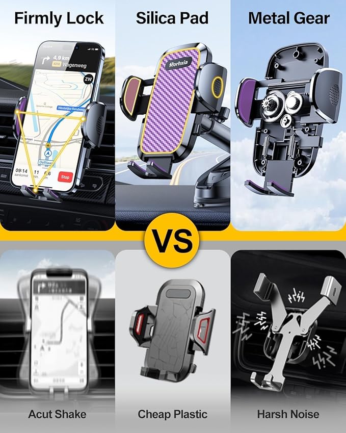 Purple 3-in-1 Phone Holders for Your Car [2025 Most Stable and Flexible Suction Cup] Vent Dashboard Windshield Cell Phone Car Mount Fit for iPhone, Samsung, All Phone