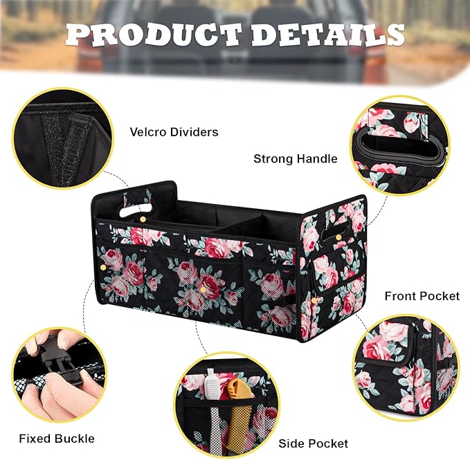 JiatuA Car Trunk Organizers and Storage for SUV, Collapsible Multi Compartment Container Box Adjustable Car Accessories for Women Men, Black Floral