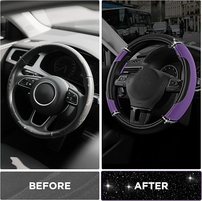 Road Comforts Leather Steering Wheel Cover - Made with PVC Leather - Anti-Slip, Universal Fit 14 1/2 inches to 15 inches - Purple