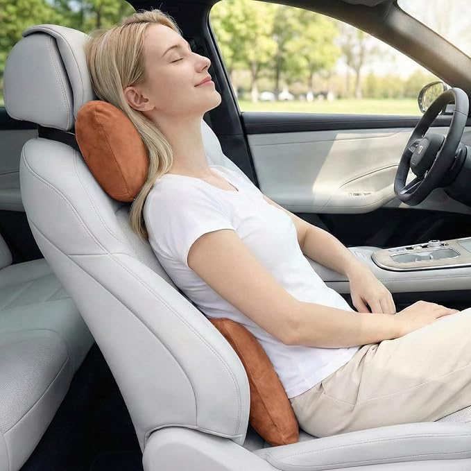 2PCS Car Pillow for Car Neck Pillow for Driving Seat Lumbar Support Soft Cushion with Extra Filling Accessories Back Support for Travel Nap and Trips Sleeping(Brown, Head and Lumbar)