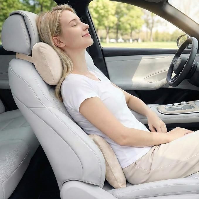 2PCS Car Pillow for Car Neck Pillow for Driving Seat Lumbar Support Soft Cushion with Extra Filling Accessories Back Support for Travel Nap and Trips Sleeping(Beige, Head and Lumbar)