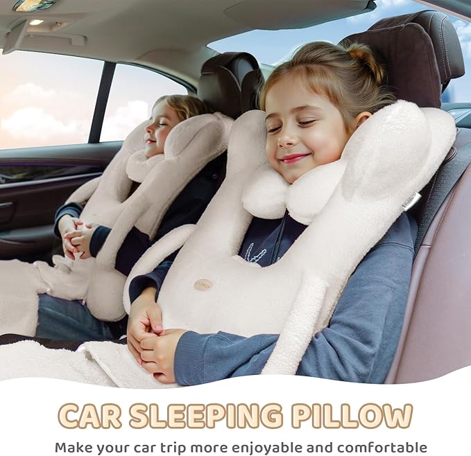 FLORICH Kids Travel Pillow, Car Sleeping Travel Pillow for Kids, Removable H-Shaped Pillow for Adults and Children to Support Head and Body Road Trips with Neck Pillow and Blanket (White)