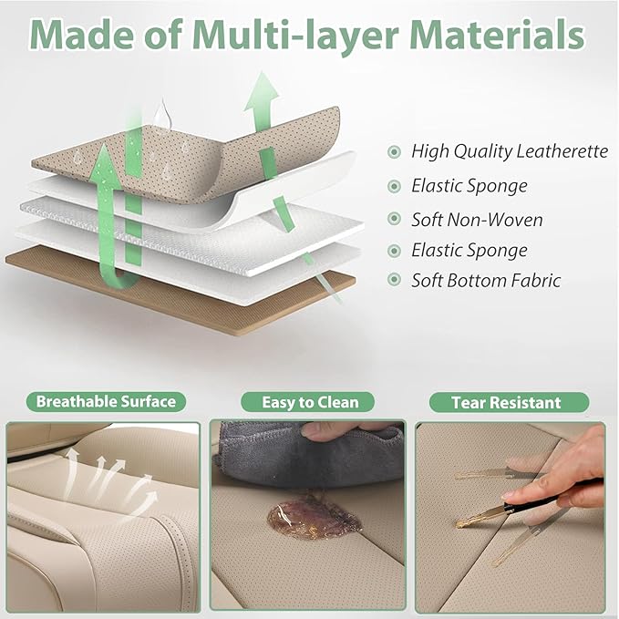 2 Pack Leather Front Car Seat Cover Bottom Only, Anti-slip Padded Seat Cushion, Full Wrap Seat Protector with Storage Function Universal Fit for Most Cars, SUV, Pick-up Trucks (Light Beige)