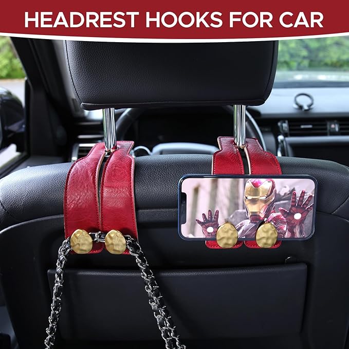 4 PCS Leather Car Seat Hooks for Headrest, Vehicle Hanger Storage Organizer Universal for Handbag Purse, Car Accessories Gift (Red-Gold-4 PCS)