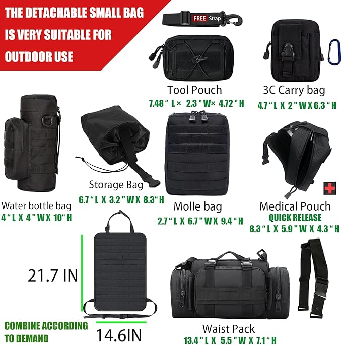 7 PACK Tactical Seat back organizer Truck organizer With 6 Detachable Pouches Universal For Car Truck Ford Jeep Military-Grade Heavier Panels With Multi-functional Packs (8 Pack Black)