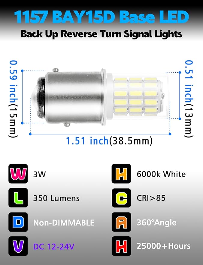 Super Bright 1157 BAY15D LED Bulbs, 3w 2357 2057 7528 LED Brake Light Bulb, 6000k Daylight White 350LM BAY15D Bulb for RV Car Camper Trailer Back Up Reverse Turn Signal Lights, 2PCS