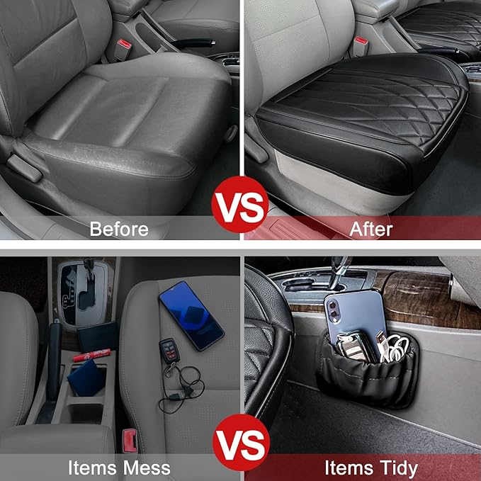 2 Pack Leather Front Car Seat Cover Bottom Car Seat, Universal Anti-Slip Driver Car Seat Protectors with Storage Pocket, Waterproof Bottom Auto Seat Cushion Pad Mat for Most Vehicles(Black)