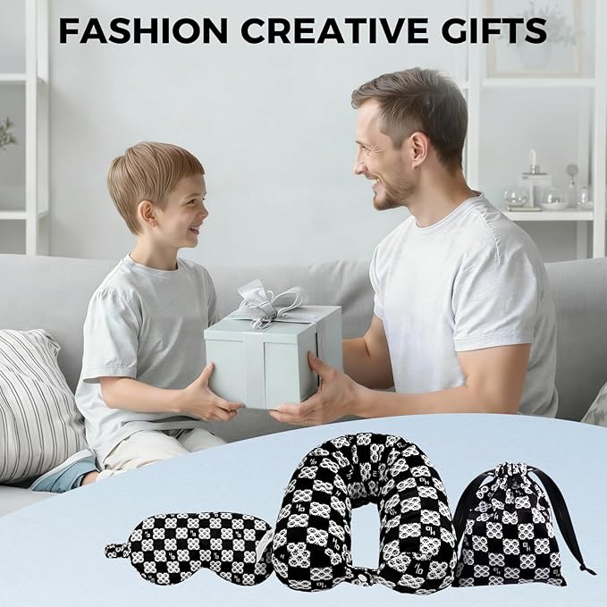 Travel Pillow with Detachable Flannel Blanket & Eye Mask – Plush Velvet Neck Support Pillow for Airplane,Car,Office Rest,Coordinated Digital Print Set (Black Dog Claw Grid, 50in * 60 in)