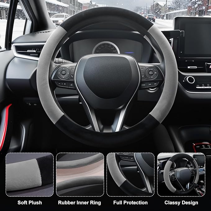 SEG Direct Steering Wheel Cover for Car, Standard Size 14.5-15 inch, Auto Interior Accessories, Warm Plush, Summer Winter, Black and Gray