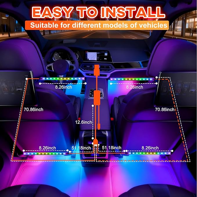 Car Led Interior Lights, RGB Truck Interior Lights with App Control, Under Dash Footwell Automotive Led Light Strip, Car Ambient Lighting for SUV(1set)