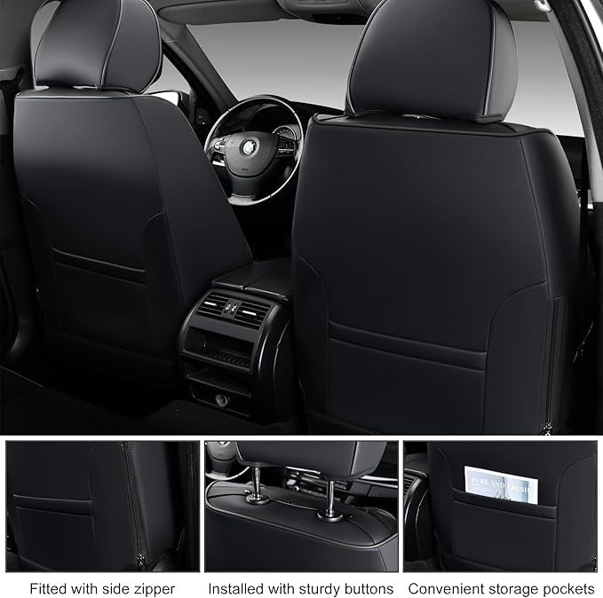 Black Car Seat Covers Full Set, Universal Front and Rear Seat Covers for Cars, Waterproof Leather Auto Seat Protectors with Head Pillow, Car Seat Cushions Fit for Most Sedans SUV Pick-up Truck