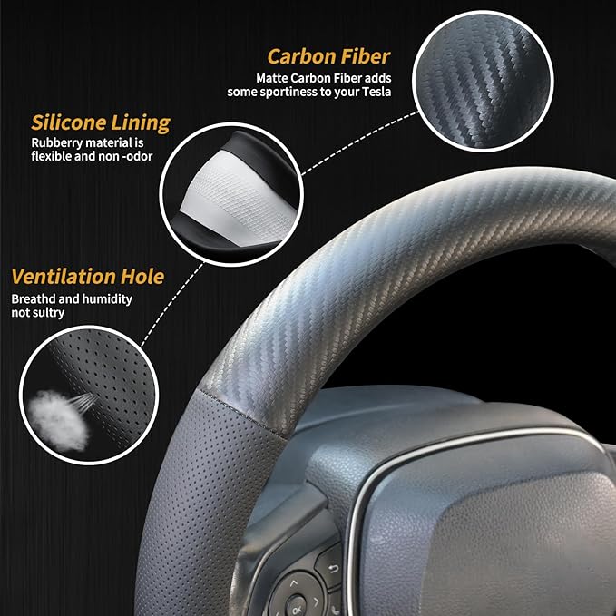Carbon Fiber Leather Steering Wheel Cover, Universal 14.5–15 Inch Non-Slip Breathable Steering Wheel Cover for Cars, Carbon Fiber