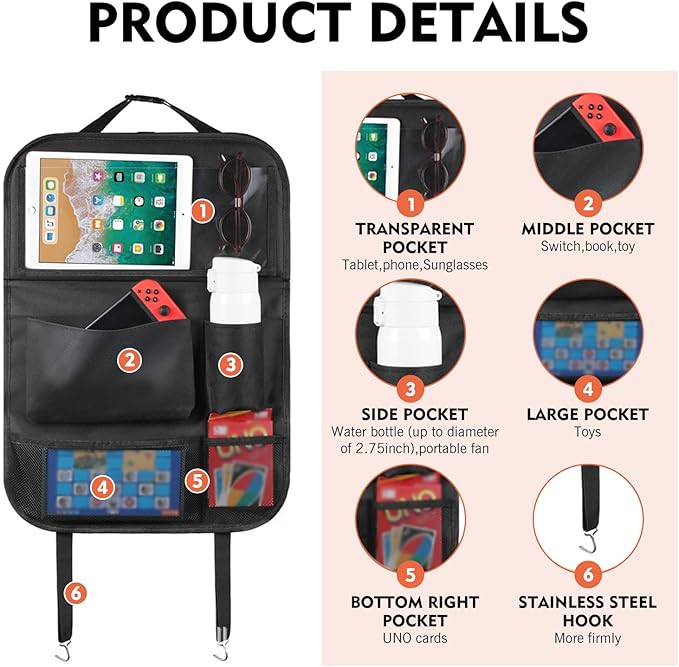 1 PC Car Backseat Organizer, Multifunctional Front Seatback Storage Pocket with Tablet Holder, Universal Protectors Kick Mats Travel Accessories, for Most Cars, Trucks, SUVs (Black)